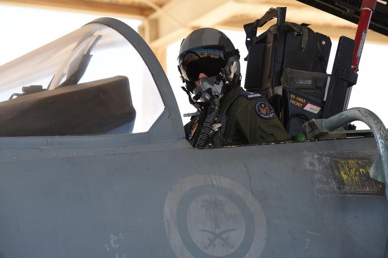 A Saudi pilot in a F-15 fighter jet at the Khamis Mushayt military airbase, 880km from Riyadh. The Saudi-led Arab Coalition has now ended US aerial refuelling operations in Yemen. AFP