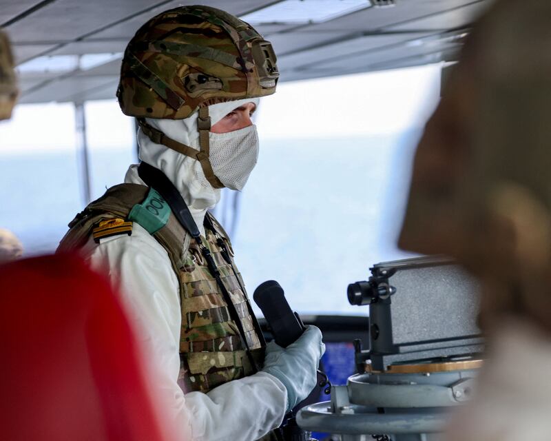 The officer of the watch on the bridge of HMS Diamond in the Red Sea. Reuters