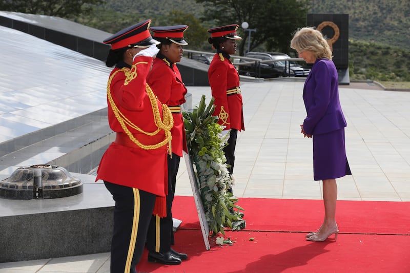 Ms Biden attends a wreath-laying ceremony at Heroes' Acre in Windhoek. AP