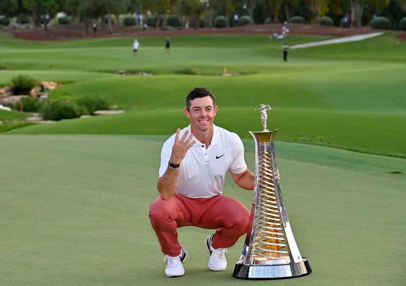 Northern Ireland's Rory McIlroy celebrates after winning the Race to Dubai. He carded a final round 68 to finish 16 under at the DP World Tour Championship at Jumeirah Golf Estates in Dubai on November 20,2022. AFP