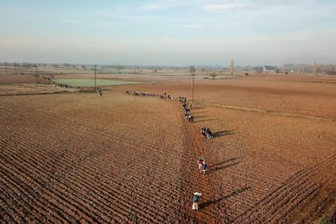 Migrants walk along the Turkey-Greece border near Pazarkule, Turkey on March 1, 2020. Turkey has announced it will no longer close its border gates to refugees who want to go to Europe. Bulent Kilic / AFP