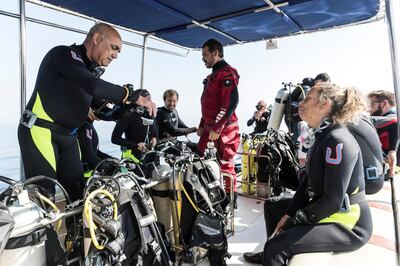 DIBBA, UNITED ARAB EMIRATES. 19 JANUARY 2018. Fernando Reis from Shark Educational Institute and a team of divers on a dive in the protected marine reserve by Dibba Rock to observe the sharks in the area. (Photo: Antonie Robertson/The National) Journalist: Nick Webster. Section: National.