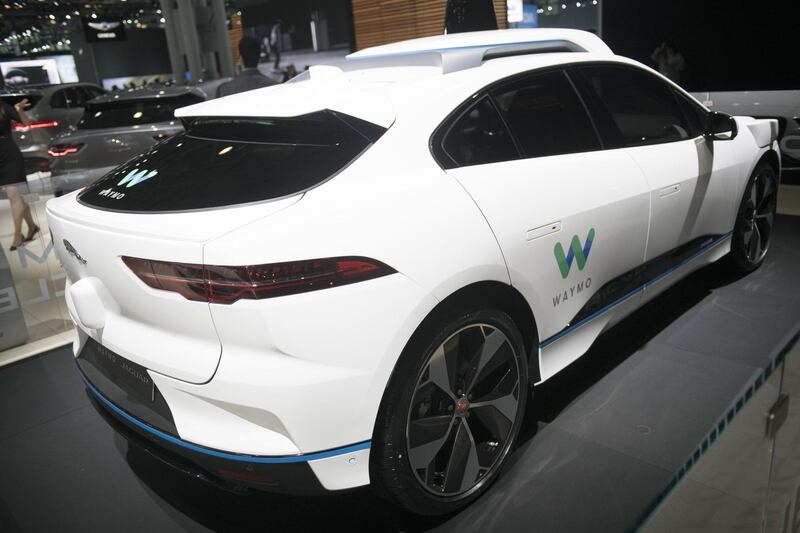 The Jaguar I-Pace with Waymo autonomous electric vehicle (EV) is displayed during the 2018 New York International Auto Show (NYIAS) in New York, U.S., on Thursday, March 29, 2018. Waymo is teaming up with Jaguar Land Rover on autonomous vehicles, its second major automaker partnership and a big boost for the nascent technology that has come under scrutiny recently. Photographer: Michael Noble Jr./Bloomberg