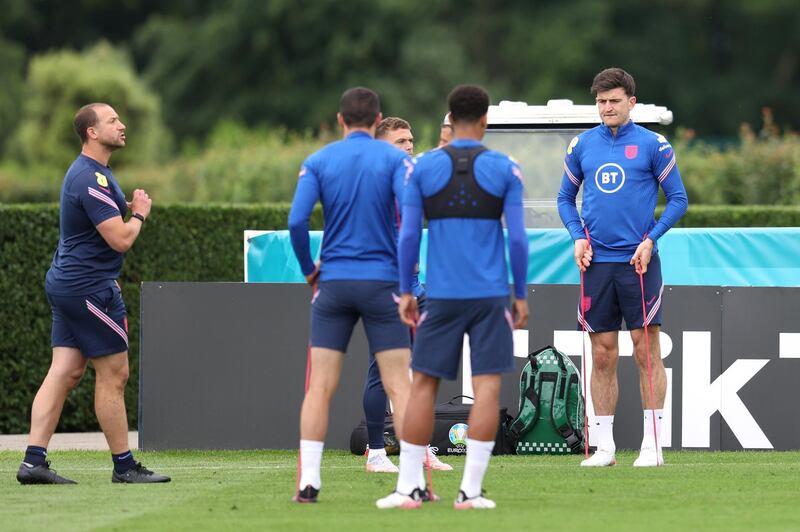 England's Harry Maguire, right, during training. Getty