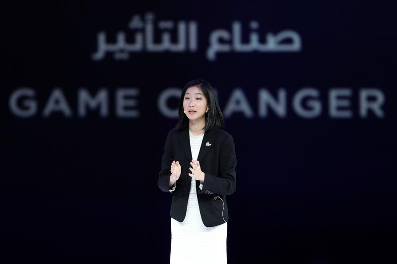 DUBAI, UNITED ARAB EMIRATES , Feb 17  – 2020 :- HILLARY YIP , CEO, Minor Mynas – Hong Kong speaking at the Global Women’s Forum Dubai held at Madinat Jumeirah in Dubai. (Pawan  Singh / The National) For News. Story by Shuchita 
