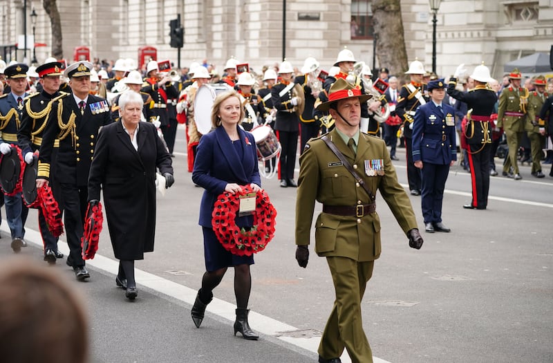 UK Foreign Secretary Liz Truss attending the wreath-laying ceremony at the Cenotaph. PA