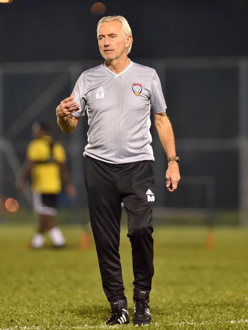 The UAE national team train in Shah Alam ahead of Tuesday's World Cup qualification opener against Malaysia in Kuala Lumpur. The match represents new manager Bert van Marwijk's first competitive fixture in charge. Courtesy UAE FA