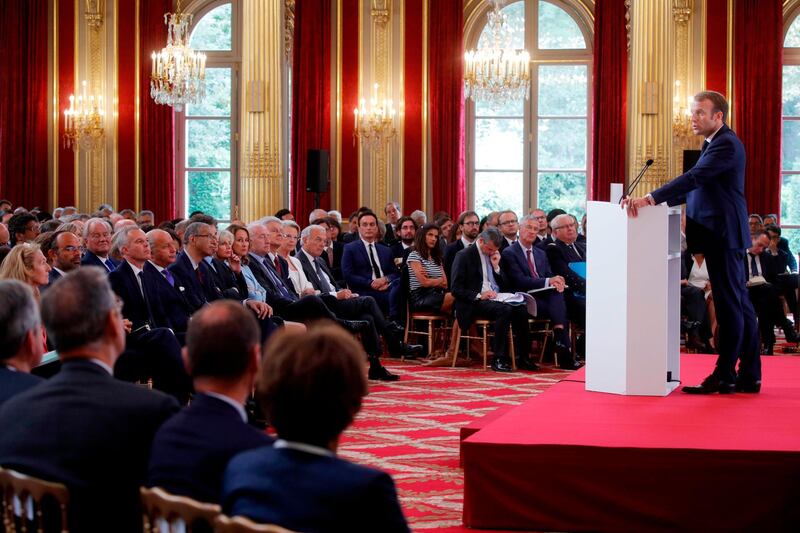 French President Emmanuel Macron delivers a speech during the annual French ambassadors' conference at the Elysee Palace in Paris on August 27, 2018. (Photo by PHILIPPE WOJAZER / POOL / AFP)