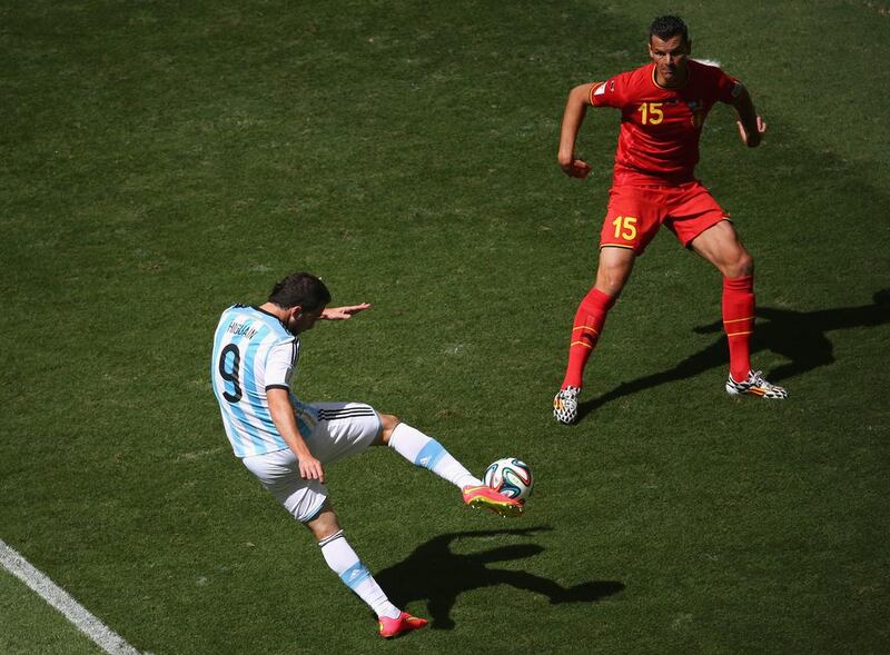 Gonzalo Higuain of Argentina scores his team's goal in their 1-0 win over Belgium on Saturday at the 2014 World Cup quarter-finals. Jamie Squire / Getty Images