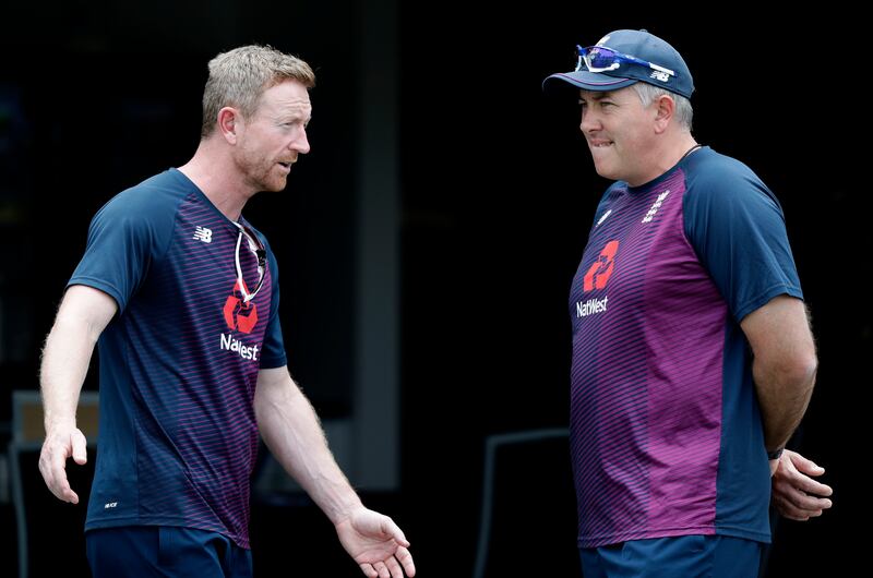 Paul Collingwood, left, takes over as interim England cricket coach for the Test tour to the West Indies following the departure of Chris Silverwood, right. AP