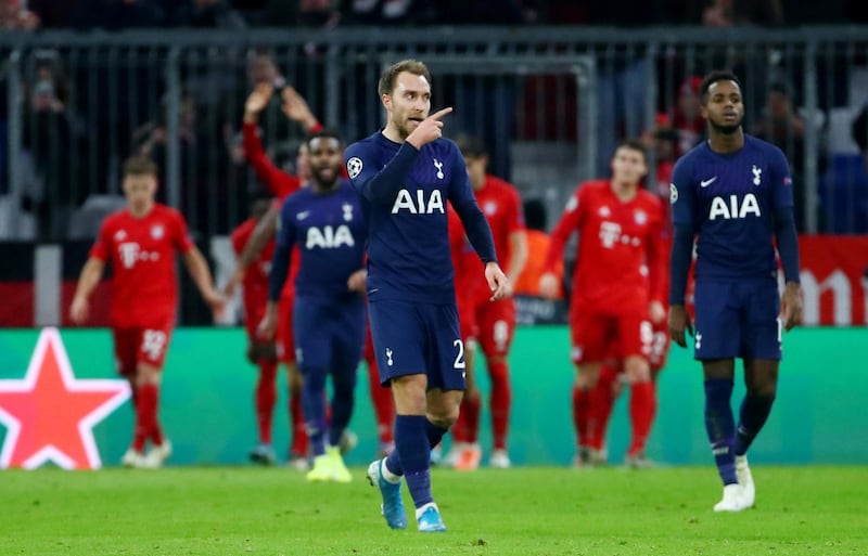 Christian Eriksen and Ryan Sessegnon after Tottenham concede a second goal to Bayern Munich, scored by Thomas Muller. Reuters