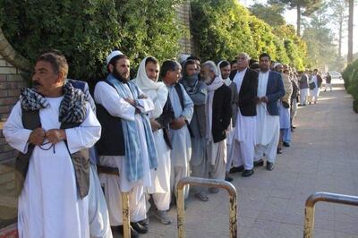 Voters line up in Herat and Ghor province where the Taliban are fighting with the Afghan security forces on Baghlan-Mazar highway since early morning. Shafi Amini / The National