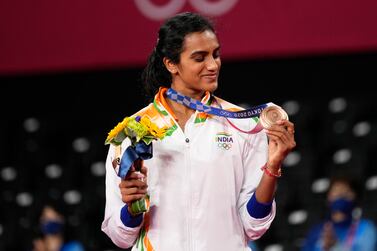 Bronze medallist Pusarla V.  Sindhu of India poses during the Victory Ceremony after the Women's singles Gold and Bronze Medal matches at the Badminton events of the Tokyo 2020 Olympic Games at the Musashino Forest Sports Plaza in Chofu, Tokyo, Japan, 01 August 2021.   EPA / Kimima Mayama
