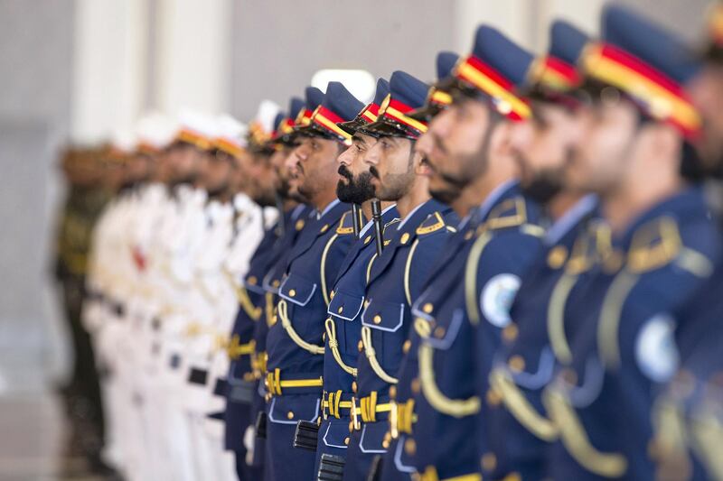 ABU DHABI, UNITED ARAB EMIRATES - July 19, 2018: Members of the UAE Armed Forces Honour Guard, stand at attention, during a reception held at the Presidential Airport.
( Mohamed Al Bloushi for the Crown Prince Court - Abu Dhabi )
---