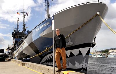 Alex Cornelissen, captain of the Sea Shepherd ship 'Bob Barker', stands in front on the ship moored in Hobart. AFP
