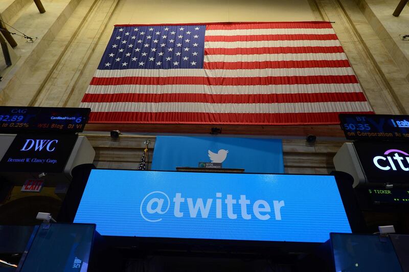 (FILES) In this file photo taken on November 7, 2013 The logo of Twitter is viewed at  the New York Stock Exchange (NYSE) in New York. Twitter will hand control of the presidential @POTUS account to Joe Biden when he is sworn in on inauguration day, even if President Donald Trump has not conceded his election loss, US media reported November 20. / AFP / Emmanuel DUNAND

