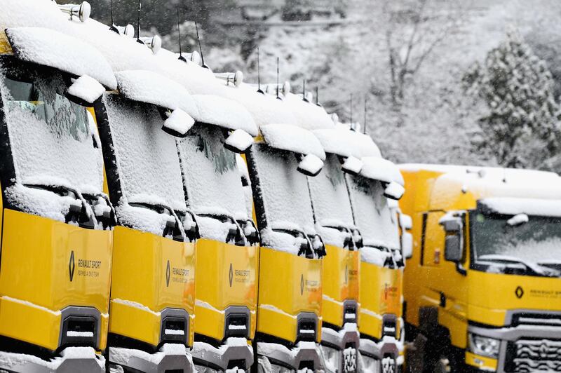 A general view of the Renault Sport F1 trucks covered in snow during day three of F1 Winter Testing at Circuit de Catalunya on February 28, 2018 in Montmelo, Spain.  Patrik Lundin/Getty Images