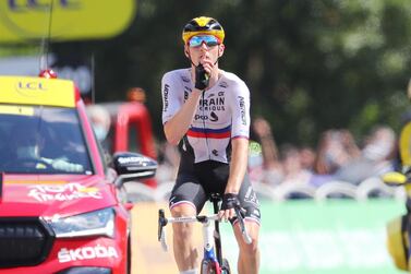 Slovenian rider Matej Mohoric of the Bahrain Victorious team reacts as he approaches the finish line to win the 19th stage of the Tour de France 2021 over 207 km from Mourenx to Libourne, France, 16 July 2021.   EPA / CHRISTOPHE PETIT-TESSON