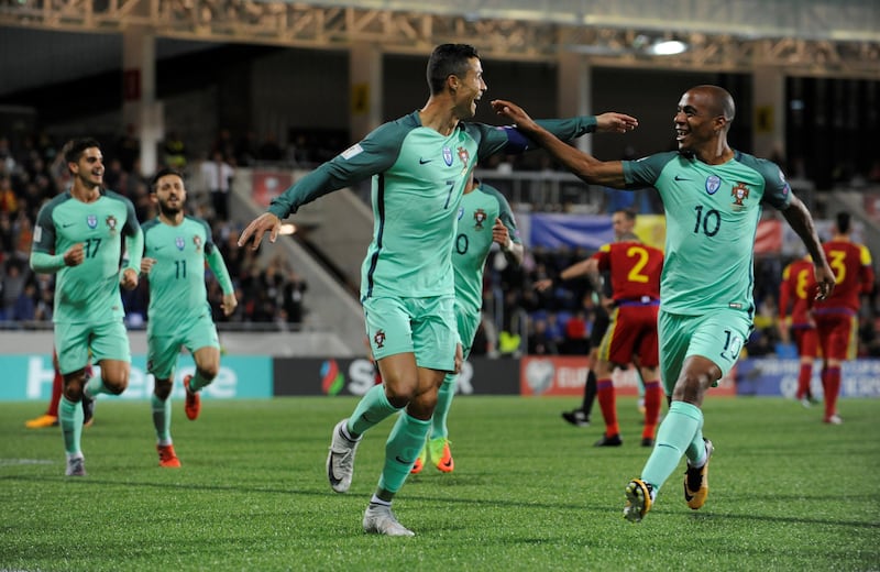 Cristiano Ronaldo celebrates after scoring the opening goal for Portugal in the 2018 World Cup qualifier against Andorra. Vincent West / Reuters