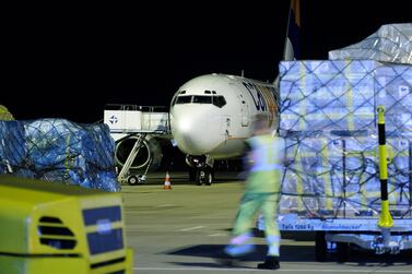 Air freight is being prepared for transport at Leipzig-Halle Airport. Air freight demand fell an annual 13.5% in July according to Iata. Getty. 