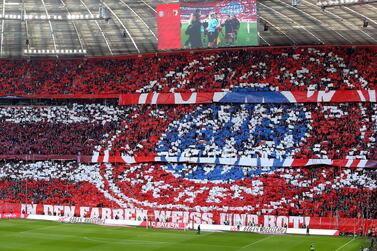 MUNICH, GERMANY - MARCH 08: Fans of Bayern Munich display a tifo prior to the Bundesliga match between FC Bayern Muenchen and FC Augsburg at Allianz Arena on March 08, 2020 in Munich, Germany. (Photo by Alexander Hassenstein/Bongarts/Getty Images)