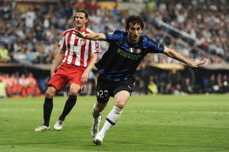 MADRID, SPAIN - MAY 22:  Diego Milito of Inter Milan celebrates after scoring the second goal during the UEFA Champions League Final match between FC Bayern Muenchen and Inter Milan at the Estadio Santiago Bernabeu on May 22, 2010 in Madrid, Spain.  (Photo by Jasper Juinen/Getty Images)