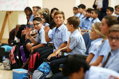 
DUBAI , UNITED ARAB EMIRATES – Aug 28 , 2016 : Students during the assembly on the first day of school after the summer vacation at the Bradenton Preparatory Academy in Dubai Sports City in Dubai. ( Pawan Singh / The National ) For News. Story by Nadeem Hanif. ID No - 77443
 *** Local Caption ***  PS2808- NEW SCHOOL YEAR12.jpg