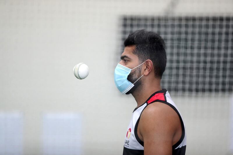 Dubai, United Arab Emirates - Reporter: Paul Radley. Sport.  Captain Ahmed Raza bowls. The UAE cricket team are back at training at the ICC academy after the government have eased restrictions due to Coivd-19/Coronavirus. Sunday, June 7th, 2020. Dubai. Chris Whiteoak / The National