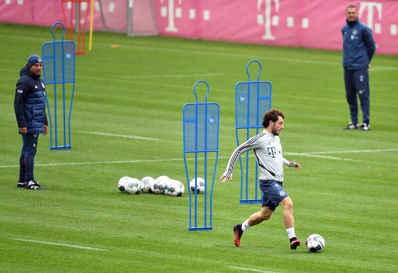 Left to right: Bayern Munich manager Hansi Flick, full-back Alvaro Odriozola, and fitness coach Holger Broich. EPA