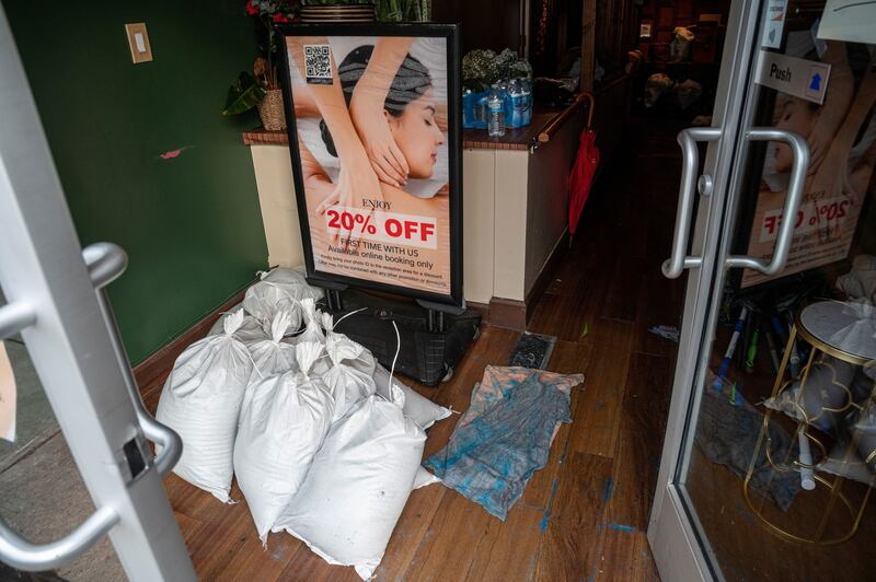 Sandbags at the entrance to a business in the Mission District of San Francisco. Bloomberg