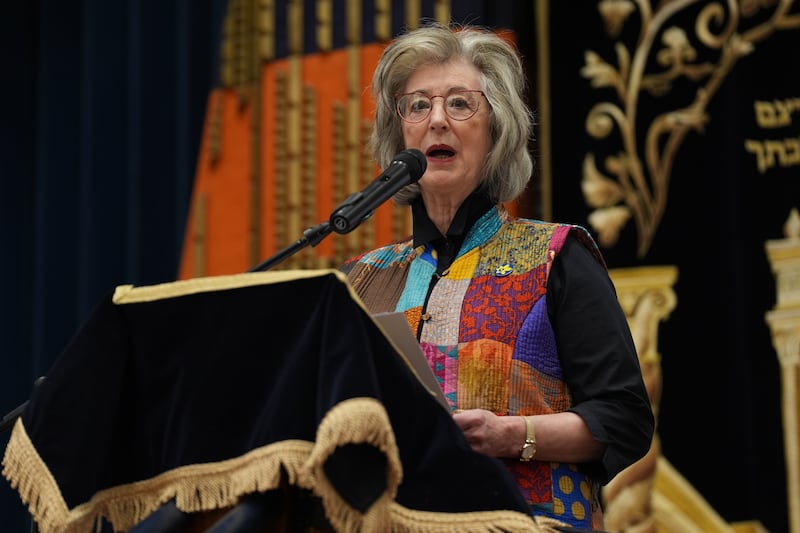 British actress Maureen Lipman addresses a rally in London to call for the release of Israeli hostages in Gaza. PA