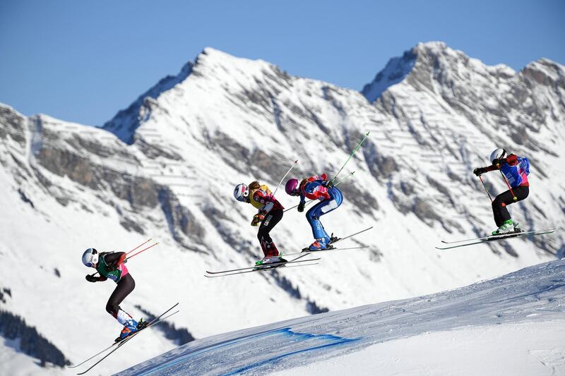 Left to right: Marie Karoline Krista of Switzerland, Canada's Marie Pier Brunet, Ingrid Leivestad of Norway and China's Hongyun Ran compete in women's ski cross at the Lausanne 2020 Winter Youth Olympics on Sunday, January 19. Getty