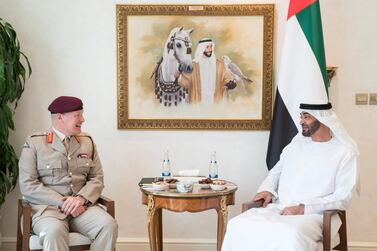 Sheikh Mohamed bin Zayed, Crown Prince of Abu Dhabi and Deputy Supreme Commander of the Armed Forces, meets with Lieutenant General Sir John Lorimer, the UK’s Defence Senior Advisor to the Middle East and North Africa, at the Sea Palace. Hamad Al Kaabi / Ministry of Presidential Affairs