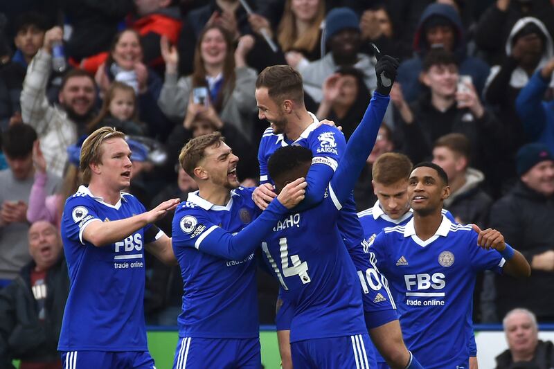 Leicester City players celebrate after James Maddison's goal. AP