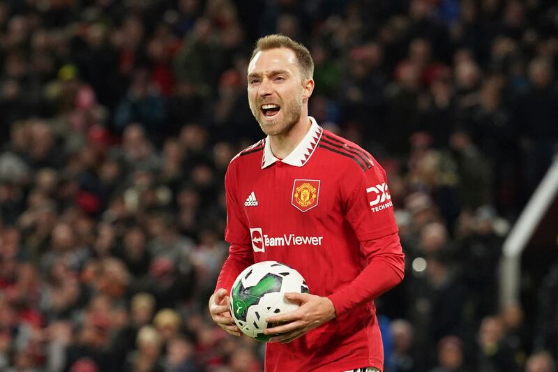 Manchester United's Christian Eriksen after scoring in the League Cup on Wednesday. AP