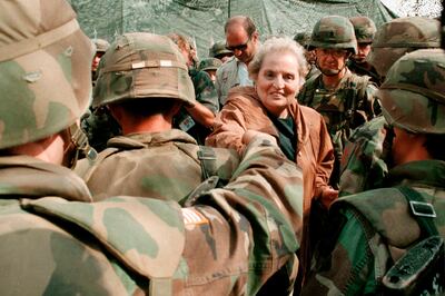 Former US secretary of state Madeleine Albright greets American Soldiers at Bondsteel camp in Kosovo in 1999. AP Photo