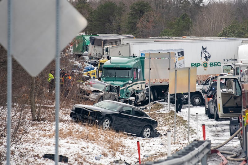 Cars are piled up on and off the road. Republican-Herald / AP