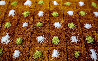 epa06744907 Palestinian Sweets are on display at a shop on the first day of the holy month of Ramadan, in Bourj Barajneh Palestinian refugees camp, southern suburb of Beirut, Lebanon 17 May 2018. Muslims around the world celebrate the holy month of Ramadan by praying during the night time and abstaining from eating, drinking, and sexual acts during the period between sunrise and sunset. Ramadan is the ninth month in the Islamic calendar and it is believed that the revelation of the first verse in Koran was during its last 10 nights.  EPA/Nabil Mounzer