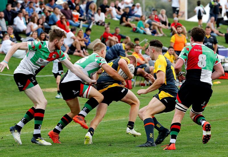Abu Dhabi, March, 22, 2019: Abu Dhabi Harlequins v Dubai Hurricanes in action during the UAE Premiership semifinal at the Zayed Sports City in Abu Dhabi. Satish Kumar/ For the National / Story by Paul Radley
