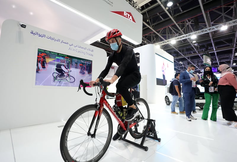 An exhibit at the Roads and Transport Authority stand at Gitex 2021 of the Evoteq AI technology that can detect whether cyclists are wearing helmets. All photos: Chris Whiteoak / The National