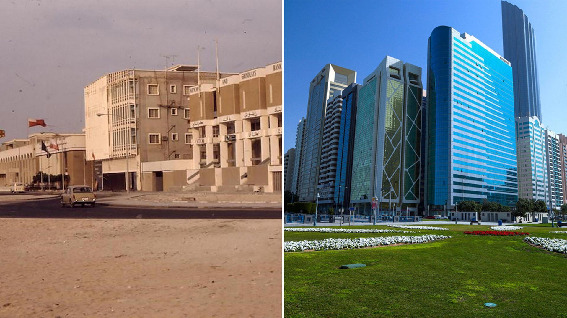 Left: the Abu Dhabi corniche in 1971, right: the Abu Dhabi Corniche in January 2021. Alain St Hilaire and Victor Besa / The National