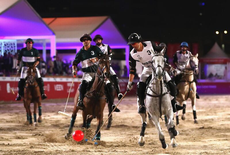 DUBAI, UNITED ARAB EMIRATES - DECEMBER 15:  General view of action during the Beach Polo Cup 2017 Final match between Nissan Leave and Royal Pearls at Skydive Dubai on December 15, 2017 in Dubai, United Arab Emirates.  (Photo by Francois Nel/Getty Images)