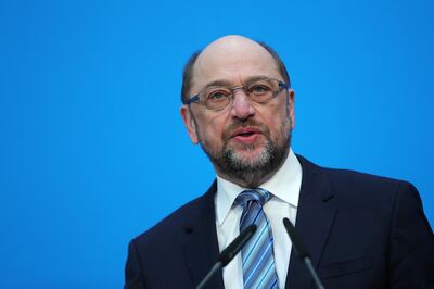 Martin Schulz, leader of the Social Democrat Party (SPD), speaks during a news conference at the Christian Democratic Union (CDU) headquarters in Berlin, Germany, on Wednesday, Feb. 7, 2018. German Chancellor Angela Merkel’s bloc has concluded a coalition agreement with the Social Democratic Party, ending a four-month political stalemate in Europe’s largest economy. Photographer: Krisztian Bocsi/Bloomberg