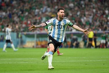 LUSAIL CITY, QATAR - NOVEMBER 26: Lionel Messi of Argentina celebrates scoring their team's first goal during the FIFA World Cup Qatar 2022 Group C match between Argentina and Mexico at Lusail Stadium on November 26, 2022 in Lusail City, Qatar. (Photo by Dan Mullan / Getty Images)