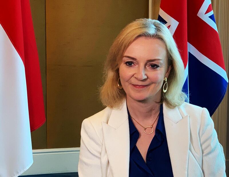 British trade minister Liz Truss speaks to Reuters after signing a free trade agreement with Singapore, in Singapore December 10, 2020.  REUTERS/Pedja Stanisic