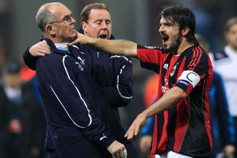 AC Milan’s Gennaro Gattuso strikes out at Joe Jordan, Tottenham Hotspur’s first-team coach, on Tuesday night.