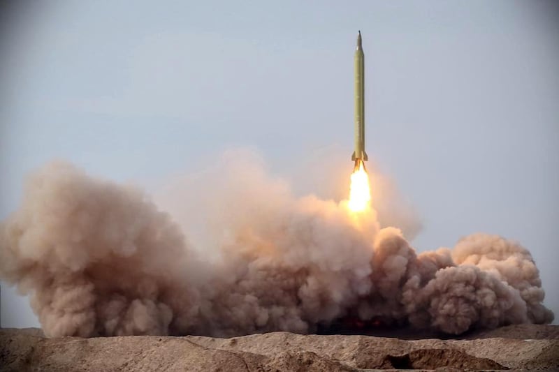 UNSPECIFIED, IRAN. - JANUARY 16: (----EDITORIAL USE ONLY  MANDATORY CREDIT - "SEPAHNEWS/ HANDOUT" - NO MARKETING NO ADVERTISING CAMPAIGNS - DISTRIBUTED AS A SERVICE TO CLIENTS----) Members of the Islamic Revolutionary Guard Corps test Siccil, Imad and Kadir ballistic missiles during a military drill at Great Salt Desert, in the middle of the Iranian Plateau, on January 16, 2021 in Iran. (Photo by Sepahnews/Handout/Anadolu Agency via Getty Images)