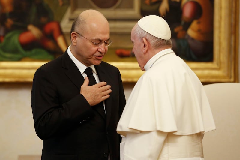 Pope Francis receiving the President of the Republic of Iraq Barham Salih during a private audience at the Vatican, 25 January 2020.  AFP