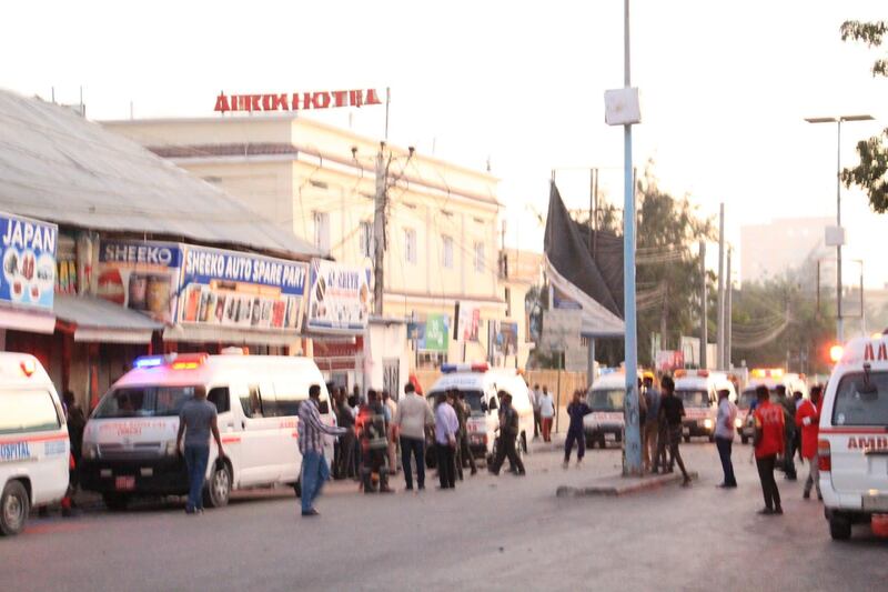 A general view at the scene of a bomb explosion at the Afrik Hotel in Mogadishu. EPA