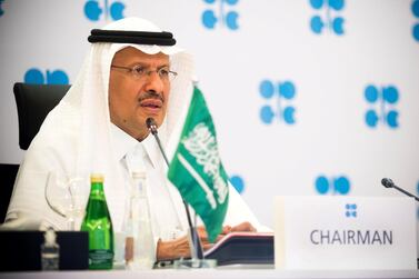Saudi Arabia's Minister of Energy Prince Abdulaziz bin Salman speaks during a virtual emergency meeting of OPEC and non-OPEC countries. Saudi Press Agency / Handout via Reuters